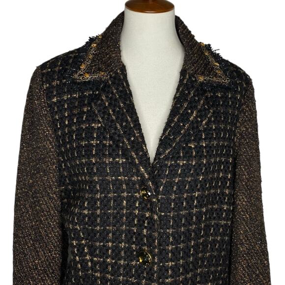 Chico's Tweed Blazer Black Brown Metallic Beaded Fringe Size 12 L Boho Academia - Picture 5 of 15